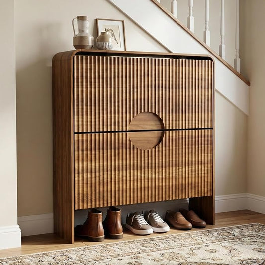 Narrow Shoe Cabinet with Entry Way, Slim Shoe Storage Cabinet for 2 Tier Doors, No Shelf, Fluted Hidden Shoe Rack Organizer for Entrance, Entry Way, Foyer, Walnut Small