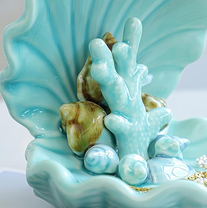 FENGSHUI-CAISHEN Conch Shape Shell Jewelry Holder Dish, Ceramic Jewelry Tray Dish, Ocean-Themed Decorative Ring Holder Trinket Dish, Conch Antique Trinket Dish Vintage Jewelry Tray (Cyan)
