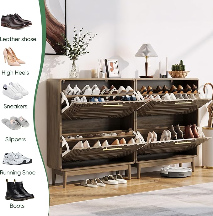 Shoe Storage Cabinet with Hand-Carved Raised Embossed 2 Flip Drawers,Narrow Shoe Cabinet Storage for Entryway, Freestanding Shoe Organizer Cabinet, Slim Shoe Rack Cabinet (Walnut)