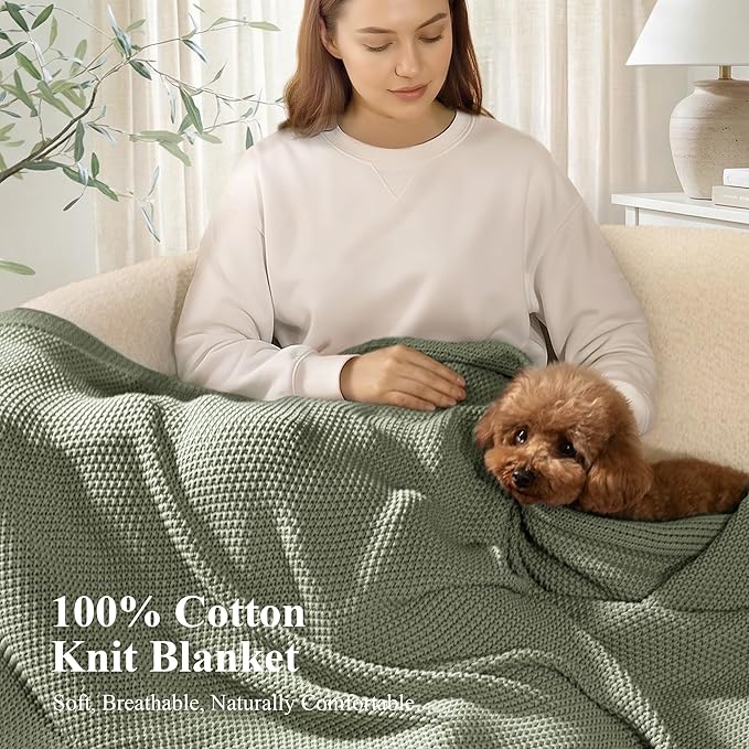 100% Cotton Cable Knit Throw Blanket, Large Lightweight Soft Knit Blanket for Sofa Couch Bed, Breathable All-Season Throw, Cozy Decorative Blanket, 60 x 80 Inch,Sage