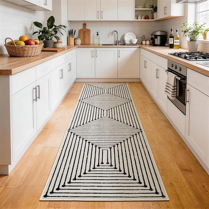 YIHOUSE Washable 2x8 Runner Rug for Hallway Non Slip, Black and White Rug Runners for Entyway Kitchen Non Skid Low Pile, Modern Geometric Carpet Runner for Bathroom Bedroom