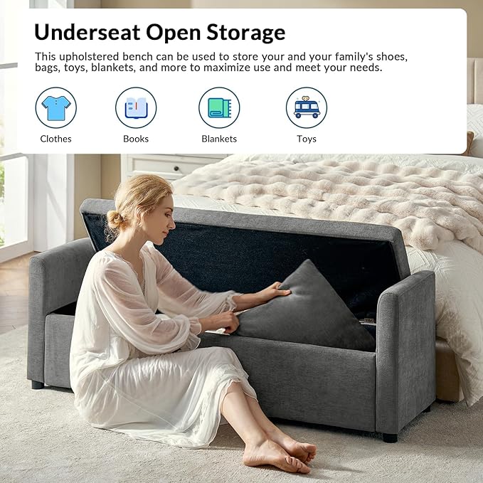 EcoHarbor Storage Ottoman Bench with Pillows, 59.4" End of Bed Bedroom Bench with Arms, Footrest Stool for Living, Dining Room, Entryway and Hallway, Charcoal