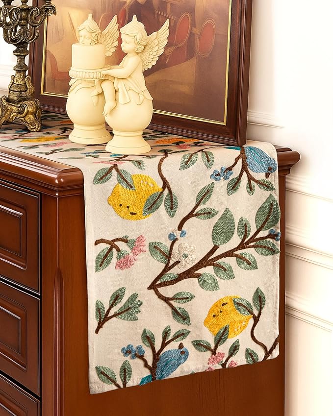 Canvas Embroidered Table Runner - 13"x 60" Coffee Table Runner for Living Room Boho Tablerunner for Dining Room Washable Farmhouse Kitchen Island Counter Decor Housewarming Gift, Lemon Bird