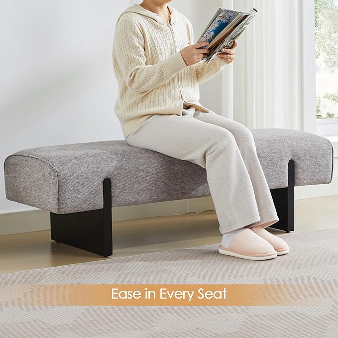 ONEVOG 55" End of Bed Bench with Upholstered Cushion & Natural Solid Wood Legs, Modern Long Ottoman Seat Foot Stool for Bedroom/Entryway/Living Room/Hallway, Support 450lbs, Linen Fabric, Light Grey