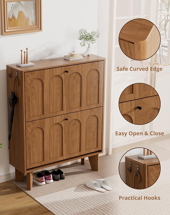 31.5" Shoe Storage Cabinet with 2 Flip Drawers, Narrow Shoe Cabinet for Entryway, Wood Shoe Rack Cabinet for Hallway, Walnut