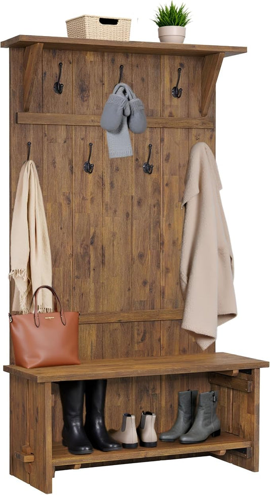 Alaterre Furniture Bethel Hall Tree with Bench – Rustic 70-Inch Entryway Organizer with 7 Metal Double Coat Hooks, Solid Wood Bench and Storage Shelves for Mudroom or Hallway (Natural Aged Brown)