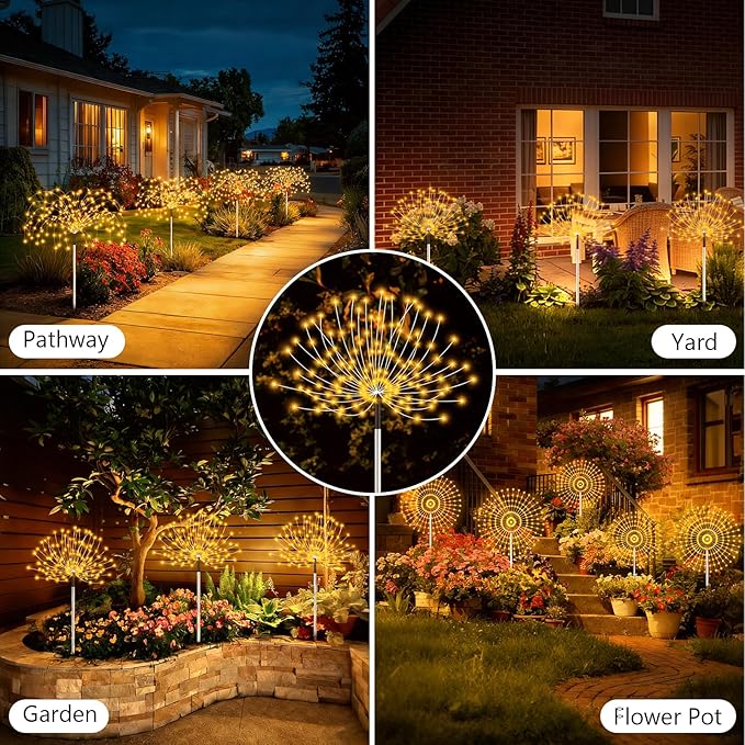 echosari Solar Garden Lights Outdoor, Total 6 Pack 720 LED Firework Lights with Auto On/Off 8 Modes IP65 Waterproof Landscape Light for Outdoor Yard Pathway Garden Decor (Warm White)