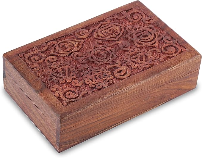 Ajuny Decorative Wooden Jewelry Box Keepsake 8 Inch - 7 Chakra Carving Box for Jewelry, Coins, Tarot Cards, Small Treasures Chest Travel Organizer