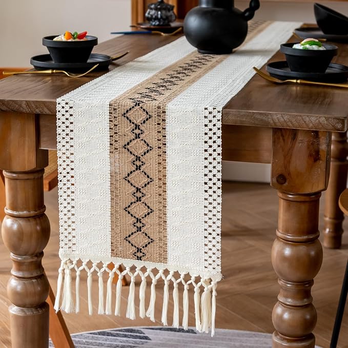 EMMTEEY Macrame Table Runner Boho Style - Cotton Linen, Hexagonal Grid with Tassels, Heat Resistant & Scratch Proof for Dining Table, Bedroom, Home Decor (12x72 Inch, White Brown)