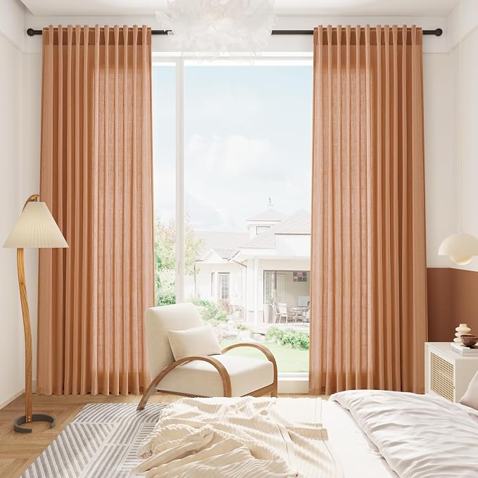Nanspring Peach Quartz Linen Curtains 120 Inch Length 2 Panel Set Back Tab Loop Pocket Light Filtering Semi Sheer Boho Decor Curtains Extra Long for High Ceiling Living Room and Large Window 52x120