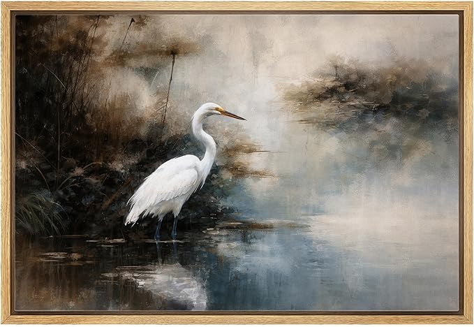 MUDECOR Framed Canvas Print Wall Art White Egret by Misty Waters Nature Landscape Illustrations Minimalism Decorative Bohemian Zen for Living Room, Bedroom, Office - 24"x36" NATURAL