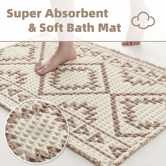 PADOOR-Waffle Bathroom Runner 24"x72", Super Absorbent Bath Mats for Bathroom, Machine Washable Non Slip Bath Rug with Tassels, Soft Bath Mat for Laundry Room, Bedroom, Cream & Brown, 2'x 6'