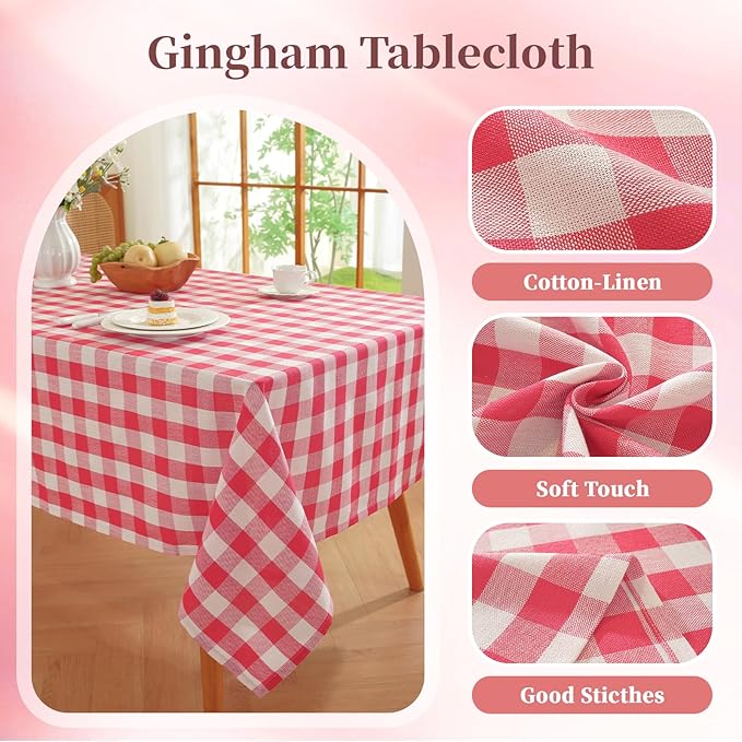 Red Checkered Tablecloth, Gingham Table Cloth Cotton Linen Fabric, Washable Wrinkle Free Buffalo Plaid Table Cover for Picnic Farmhouse Christmas Holiday Party 60"x90" Rectangle