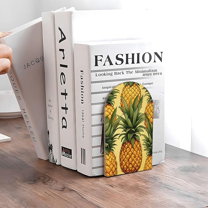 Yellow Pineapple Fruit Print Wood Book Ends for Shelves, Non-Skid Bookends for Office, Library, and Home Decor, 1 Pair
