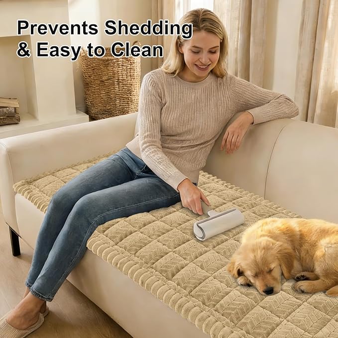 Smiry Non Slip Couch Covers for Dogs, Fuzzy Pet Couch Covers for 2 Cushion Sofa Pet Friendly, Soft Sofa Loveseat Slipcovers Cushion Furniture Protector Washable (Khaki, 27.6" x 47")