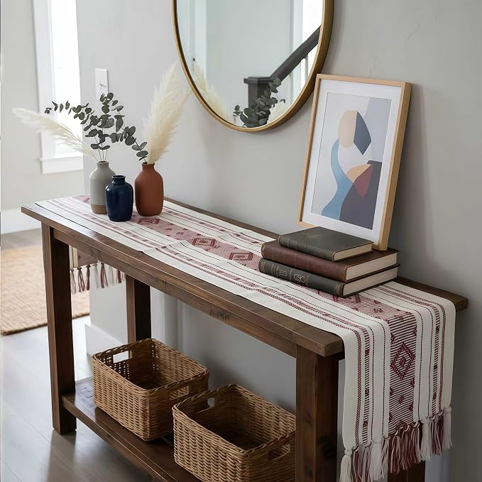 Red Table Runner 110 Inches Long Modern Geometric Runner for Home Kitchen Dining Table, Hand-Woven Cotton Table Runner with Tassels for Thanksgiving Christmas Holiday Decor