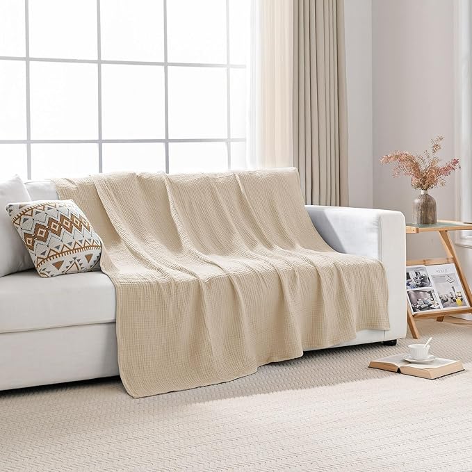 Esterra Muslin Blanket Twin Size Cozy Soft Lightweight Pre-Washed Cotton Blanket, All Season Breathable 4-Layer Gauze Blanket Throw for Couch Bed, Neutral, 66x90 Inches