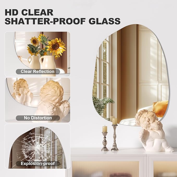 Hasipu Irregular Wall Mirror, 32"x24" Asymmetrical Frameless Mirror, Modern Decorative Mirrors for Living Room, Entryway, Hallway, Bathroom, Bedroom,Wall Mounted Home Decor