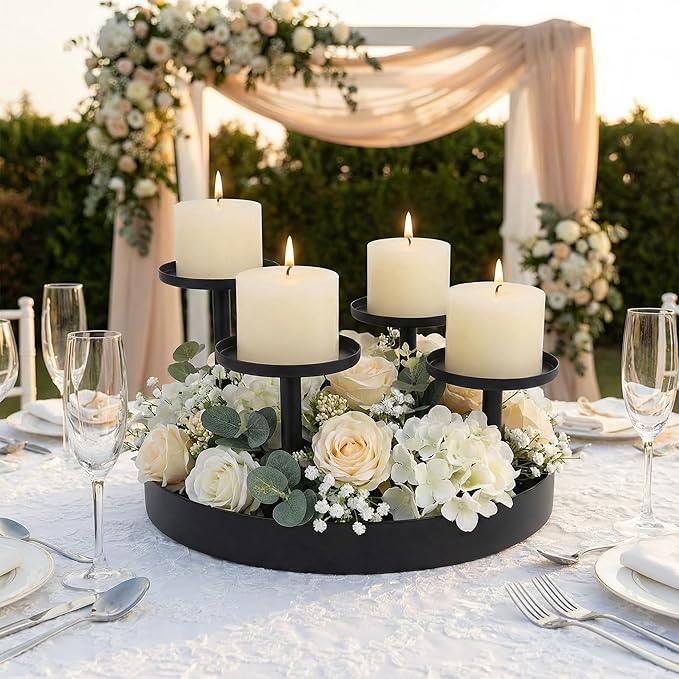 Circular Candle Holder, Black Metal Candle Stand, 4-Pillar Tiered Design | for Scented Candles, Pillar Candles | Creative Home Decor | Diameter 20CM/7.9 Inches