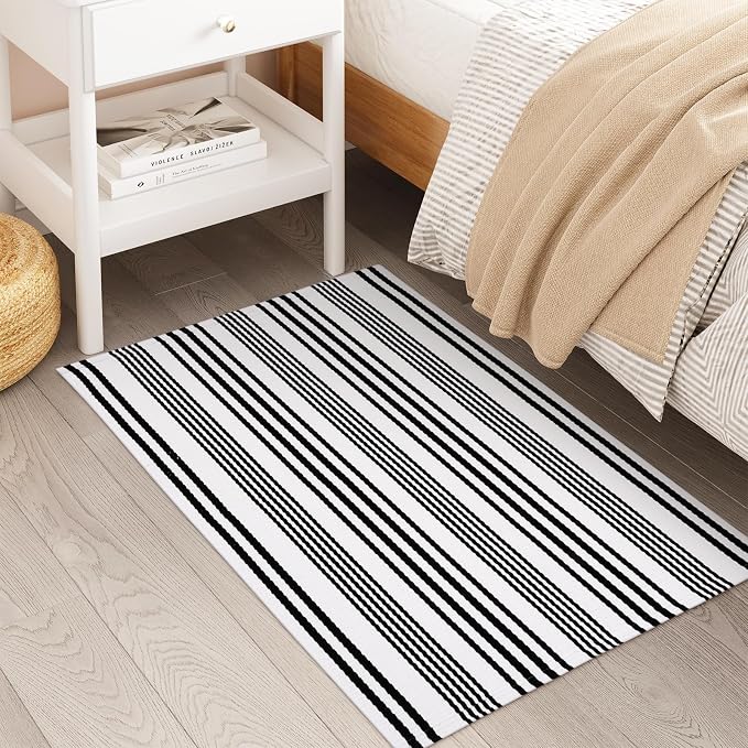 Black and White Striped Rug 2.3'x3.6', Reversible Outdoor Front Door Rug Hand Woven Washable Welcome Mat, Layered Doormat for Entryway Porch Decor Home Entrance