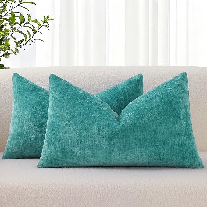 decorUhome Chenille Turquoise Summer Throw Pillow Covers 12x20 Inch Set of 2, Decorative Soft Couch Pillow Covers Solid Dyed Accent Farmhouse Neutral Rectangle Pillow Cases for Sofa
