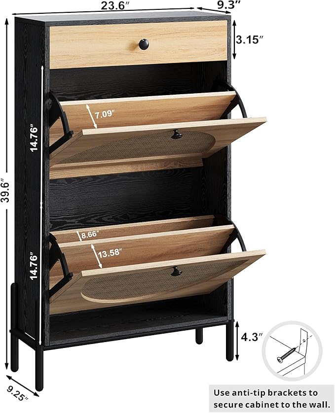 IRONCK Shoe Cabinet with 2 Flip Drawers, Shoe Storage Cabinet for Entryway, Free Standing Shoe Storage Organizer with Rattan Doors Slim Narrow Shoe Rack Cabinet, Black