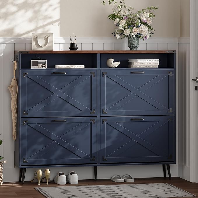 Shoe Storage Cabinet with 4 Flip Drawers Narrow Shoe Rack Cabinet Farmhouse Design Freestanding Shoe Organizer with Open Storage for Entryway,Hallway,Foyer,Blue Walnut