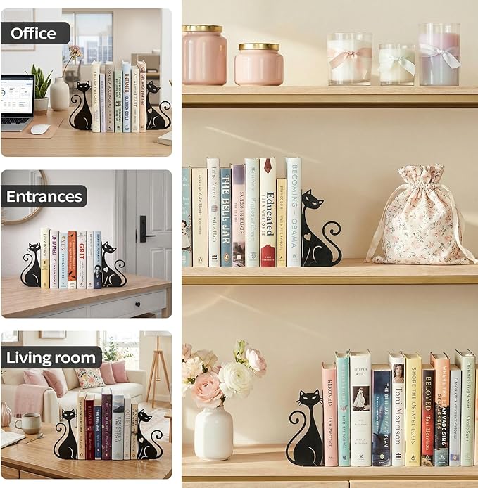 Atomic Cat Metal Bookends Set of 2 Cute Book Ends for Shelves Bookshelf Decorative Objects Home Office Desk Bookshelf Decor Gift for Cat Lovers and Reading Enthusiasts (Black)