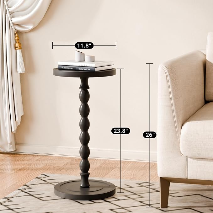 Small Side Table, Rubberwood‌ Drink Table for Small Spaces, Solid Wood Pedestal Coffee Tables, Round End Tables for Living Room, Sofa Couch, Bedroom, Corners, and Office (Black, 11.81 inch)