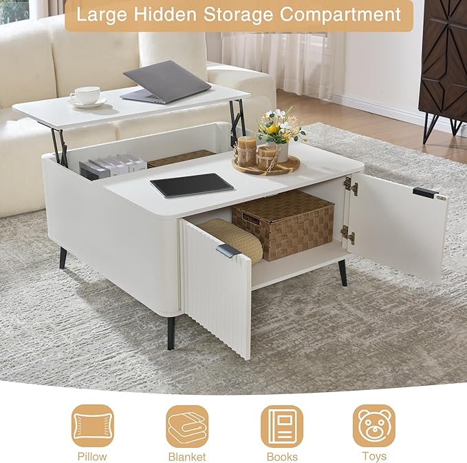 Fatmok Large Lift Top Coffee Table with Hidden Compartment, 35.4" Wide Oversized Square Coffee Table with Storage, Mid Century Modern Fluted Center Table for Home Living Room, White