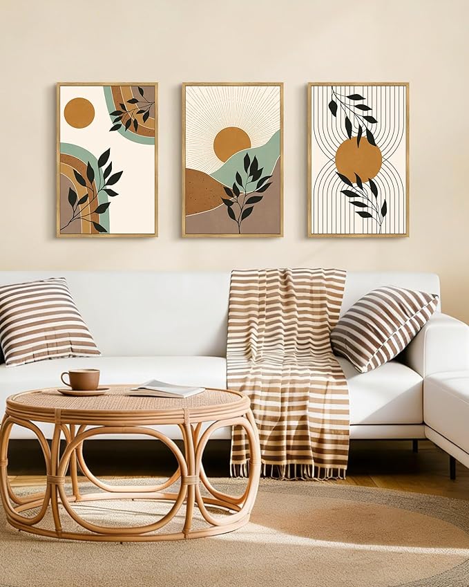 PHOPAGO Boho Abstract Wall Art Large 16x24in Botanical Mid Century Modern Framed Wall Printing Neutral Geometric Prints Bohemain Sage Decor for Farmhouse Home Office - Natural Framed