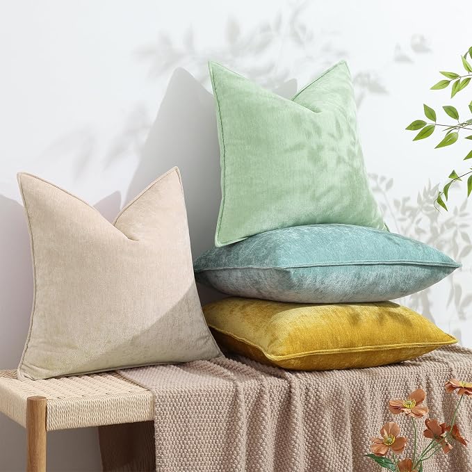 decorUhome Summer Couch Throw Pillow Covers 16x16 Set of 2, Decorative Soft Velvet Modern Cozy Chenille Pillow Cases with Elegant Design for Sofa Bed Living Room Home Decor, Sage Green