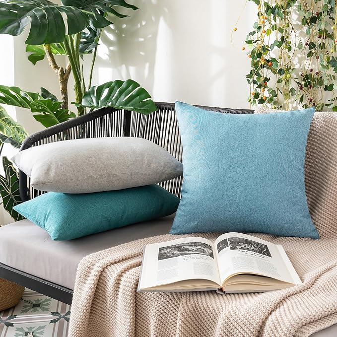 MIULEE Pack of 2 Decorative Outdoor Solid Waterproof Throw Pillow Covers Faux Linen Garden Farmhouse Coastal Cushion Cases for Summer Patio Tent Balcony Couch Sofa 16x16 Inch Blue Gray