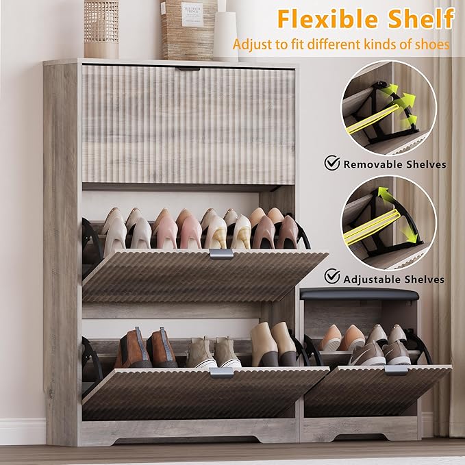 BORNOON Slim Shoe Cabinet with Bench for Entryway, Hidden Storage and Adjustable Shelves, Free Standing Wooden Shoes Organizer for Hallway, Foyer