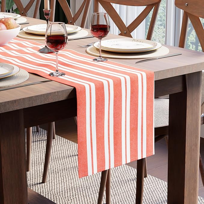 Encasa XO Cotton Dining Table Runner | Franca Orange Stripes | Size 13x120 in - Machine Washable & Durable