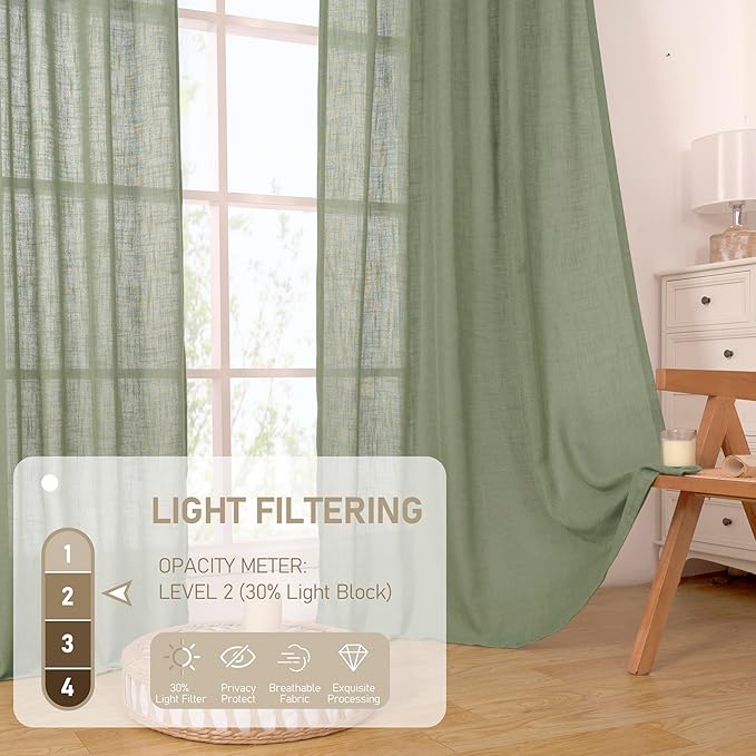 LAMIT Sheer Linen Curtains 63 inches Long for Bedroom, Bronze Grommet Linen Drapes Light Filtering Semi Sheer Curtains for Small Window/Farmhouse, 2 Panels (60 x 63 Inch, Sage Green)