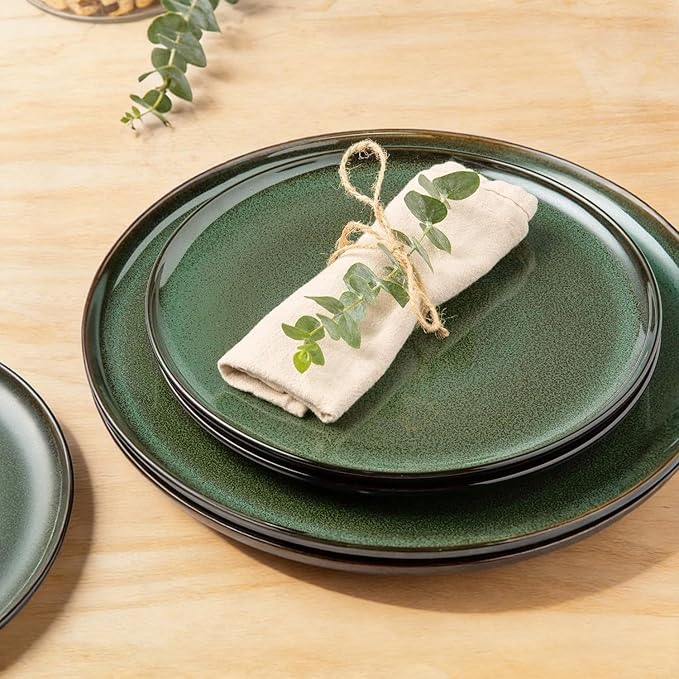 LeRatio Ceramic Dinnerware Sets,12-Piece Plates and Bowls,Handmade Reactive Glaze Dishes Set,Chip Resistant and Scratch Resistant | Oven Dishwasher & Microwave Safe,Service for 4-Green