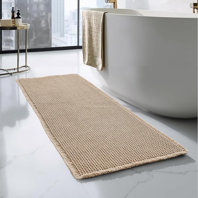 KGORGE Waffle Bathroom Rug, Large Super Absorbent Non Slip Washable Bathroom Rugs Decor, Boho Quick Dry Rubber Backed Bath Mat for Shower Toilet Hallway Hotel, Brown, 24" W X 72" L 1pc