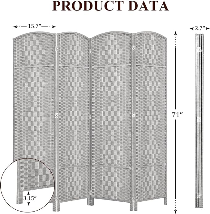 HALLYBEE Room Divider, Room Dividers and Folding Privacy Screens, 16in Privacy Screen, 4 Panel Temporary Wall Partitions, 6ft Space Separation Panel Screen, Stone Grey