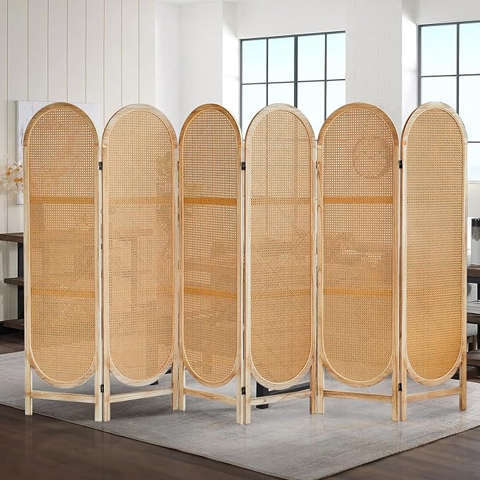 6 Panels Wood Room Divider and Folding Privacy Screens, Hand-Woven Rattan Room Dividers Panel, Room Divider Wall Freestanding Room Partitions Screen for Home Office Bedroom, Light Brown