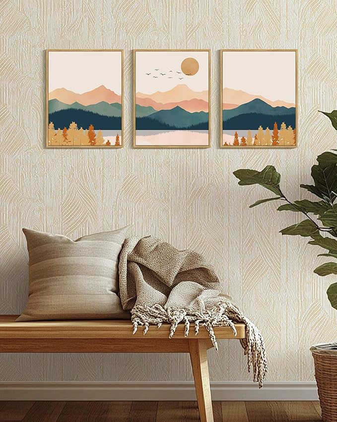 PHOPAGO Mountain Range Landscape Framed Wall Art Watercolor Nature Laker Paints Boho Sun Rises Rustic Room Decor for Kitchen Farmhouse - 11x14in Natural Framed