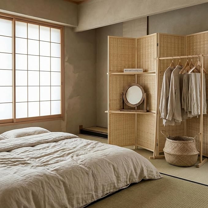Bluecat 4 Panel Bamboo Room Divider with Shelves, Lightweight Privacy Screen for Bedroom Home Office, No Assembly Required, Natural Bamboo