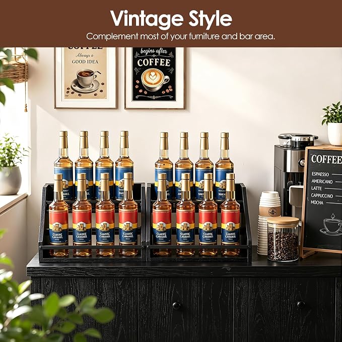 Nuovoware Coffee Syrup Rack, 3-Tier Syrup Bottle Organizer with Side Handles, 15 Bottles Capacity for Coffee Syrup, Countertop Storage Holder with Iron Frame and Wooden Base, Black