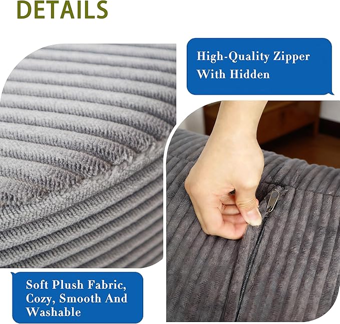 Thgonwid Corduroy Stuffed Round Pouf Ottoman, Foot Stool with One-Piece Cut High-Density Memory Foam, Furry and Fluffy Footstool, Compact Pouf Footrest for Living Room Bedroom, 17"x13", Deep Grey