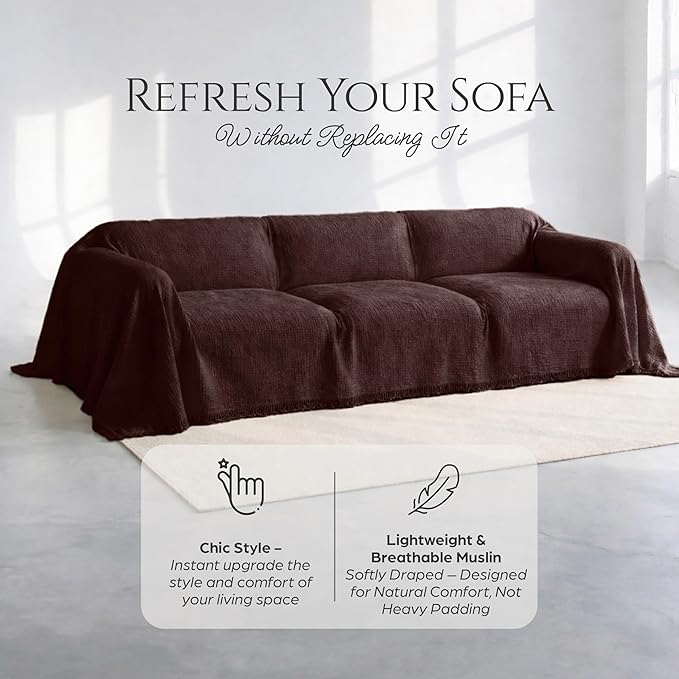Oversize Gauze Couch Cover %100 Pure Cotton, Natural Couch Covers for 4 Seater, Sectional Sofa, Extra Large 4 Layered Muslin Fabric, Cloud Like Washable Couch Cover (Brown, 95x165" / 240x420 cm)