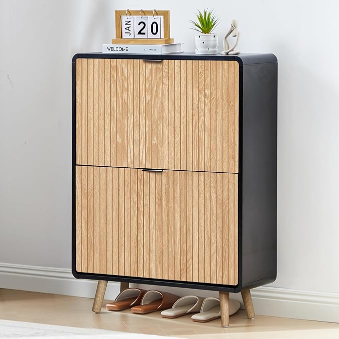 FurSch Narrow Shoe Cabinet Storage for Entryway,Slim Shoe Cabinet with 2 Flip Drawers, Fluted Shoes Rack Organizer (Natural with Black, 2 Drawers)