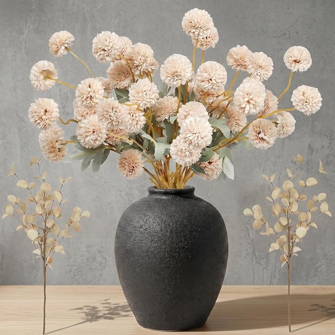 12 Pcs Beige Fake Flowers for Vase, 50 Heads Faux Silk Mums with Eucalyptus, Artificial Flowers with Long Stem, Chrysanthemums for Wedding Centerpieces Floral Arrangements Home Decor