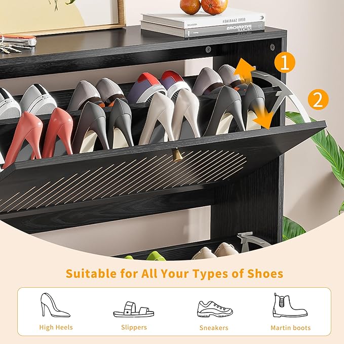 Fsbecl Shoe Storage Cabinet for Entryway with 2 Flip Drawers, Narrow Wood Shoe Cabinet with Fluted Panel, Freestanding Hidden Shoe Organizer for Foyer, Hallway (Black - with Shelf)