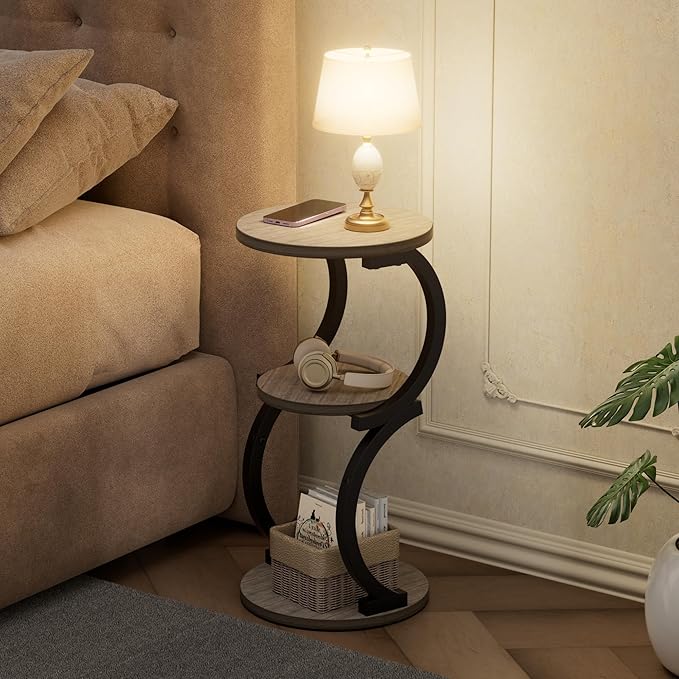 JUSTOGO Small Round Side Table, 3-Tier End Table for Living Room, Vintage Nightstand for Small Spaces Sofa Couch Corner Bedside Bedroom, S-Shaped Wood Accent Table Metal Coffee Table, Greige
