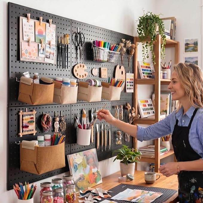 Spampur Peg Board, 6 Pack Metal Pegboard Wall Organizer with Accessories | Black Pegboard Panels with 50 Pcs Hooks and Baskets, Wall Organizer for Office, Craft Room Organization, Garage, Sewing Room